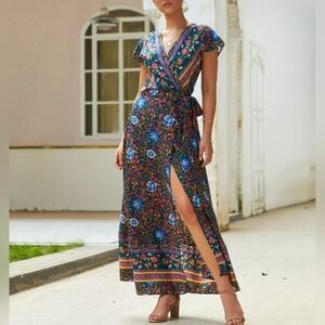Womens Summer Maxi Dress | Floral Slit Wrap Dress with belt strap- Size M